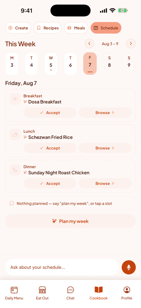 The Schedule view in the RMINT Cookbook: a week of days across the top, and Friday’s breakfast, lunch and dinner each filled with a named meal