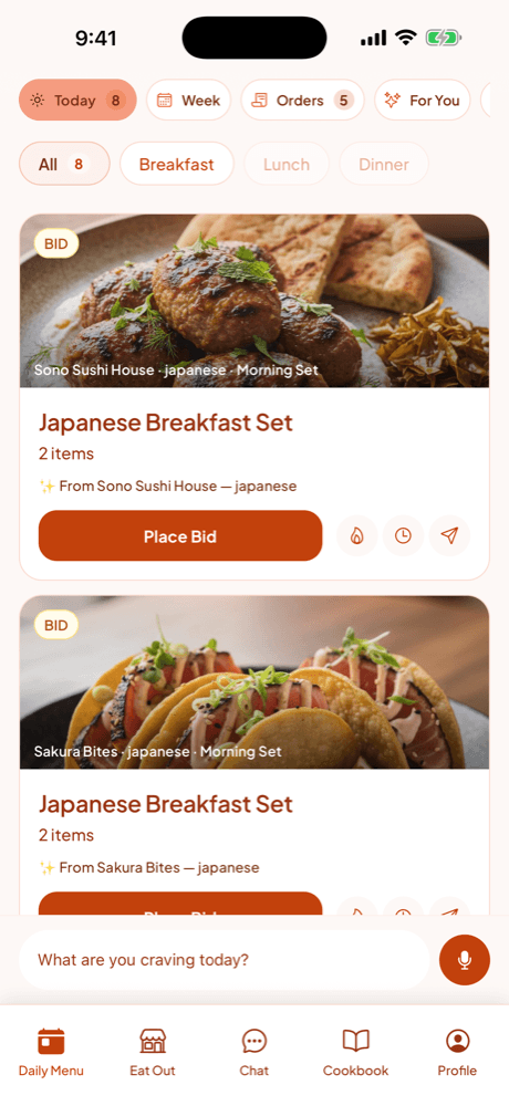The Daily Menu tab showing scheduled menus from nearby restaurants, each with a Place Bid button