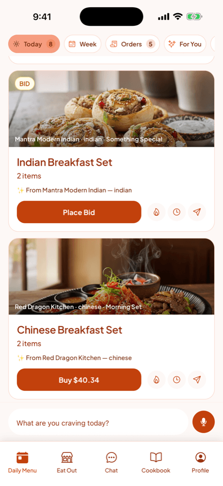A scheduled menu on the Daily Menu tab, priced and ready to buy