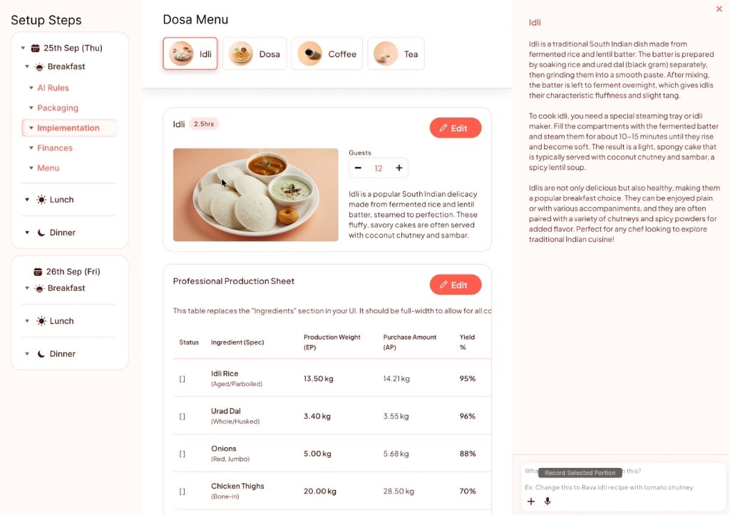 RMINT AI platform showing Dosa Menu with professional production sheet, ingredient specs, and recipe details